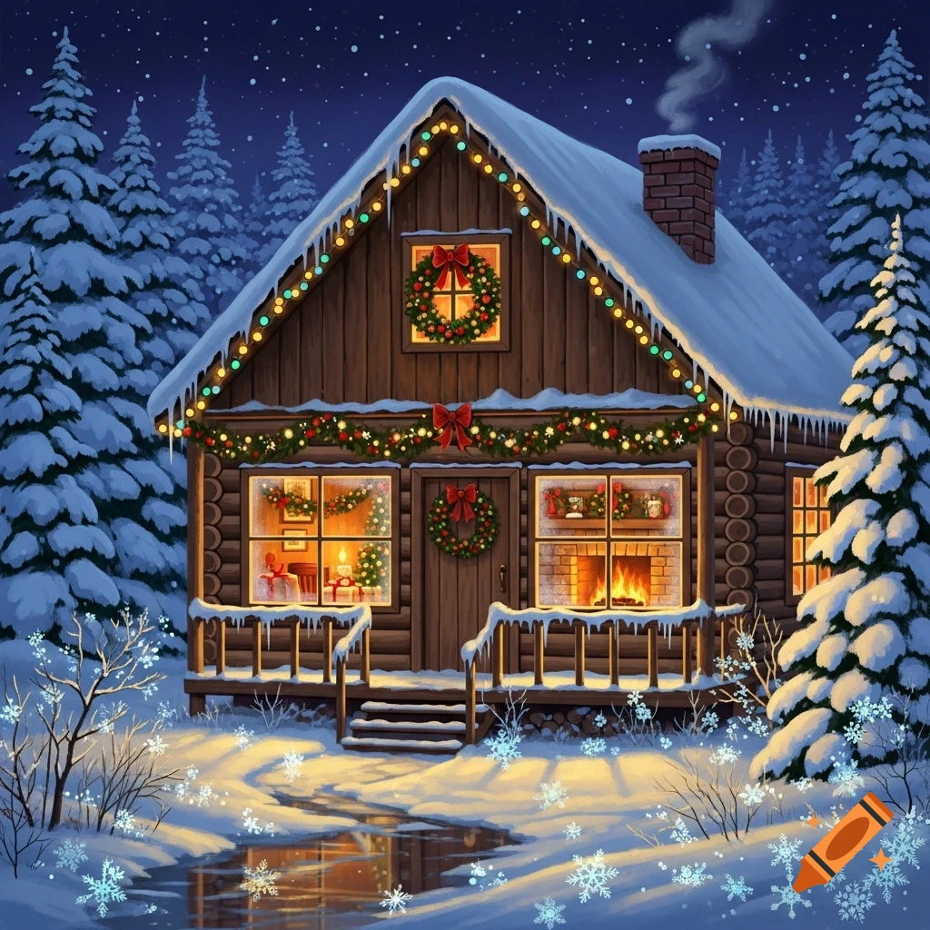 A cozy, snow-covered Christmas cabin lit with festive lights and wreaths, nestled among pine trees under a starry night.
