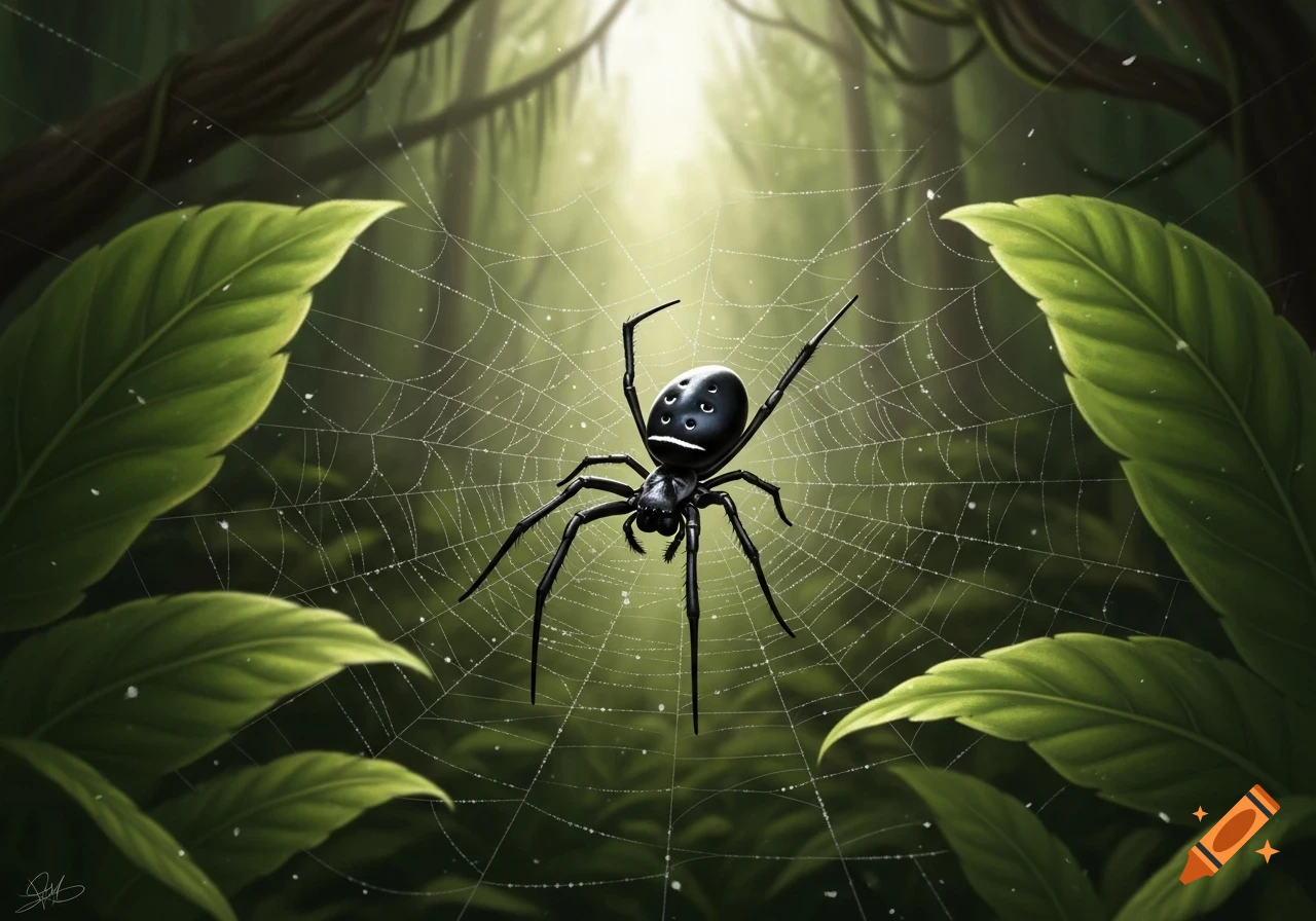 A stylized black spider with multiple eyes and a frowny face on its abdomen sits on a dew-covered web in a lush, luminous jungle.