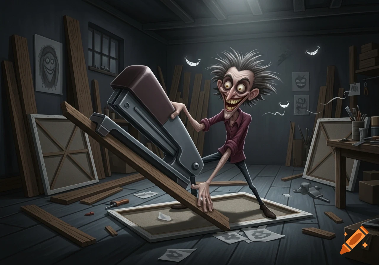 A crazy, gaunt cartoon man with wild hair and a sinister grin uses an enormous stapler in a dark, cluttered art workshop.