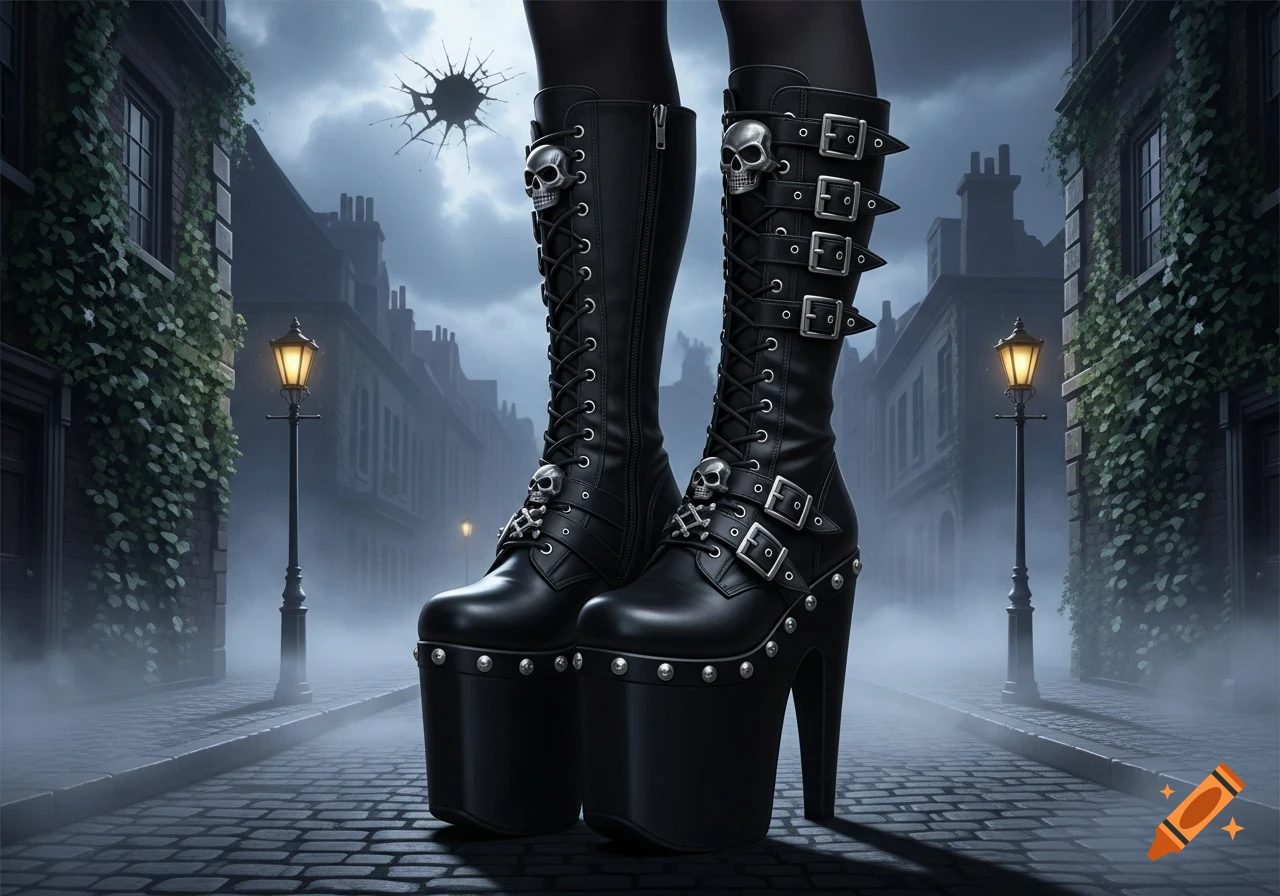 Black platform goth boots with skull details stand on a foggy cobblestone street lined with old buildings and gas lamps.
