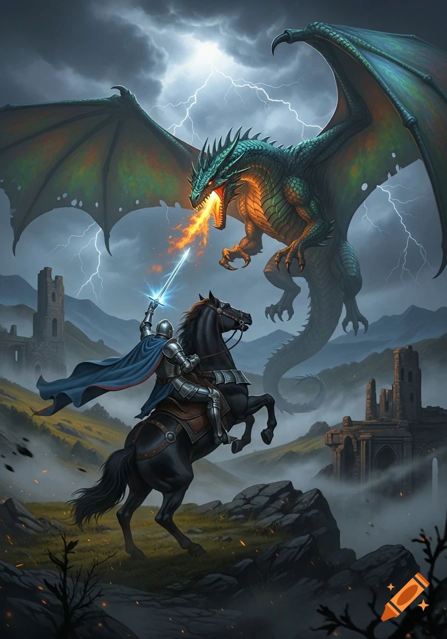 A knight on horseback battles a green dragon breathing fire, set against a stormy sky with lightning and distant ruins. Illustrative fantasy art.