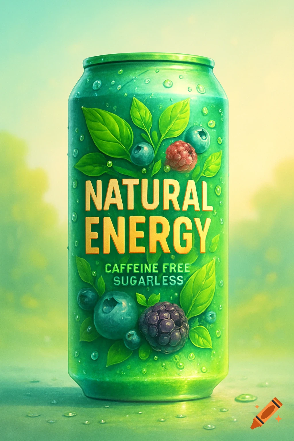 A vibrant green energy drink can adorned with leaves, blueberries, raspberries, and water droplets, featuring "NATURAL ENERGY" text.