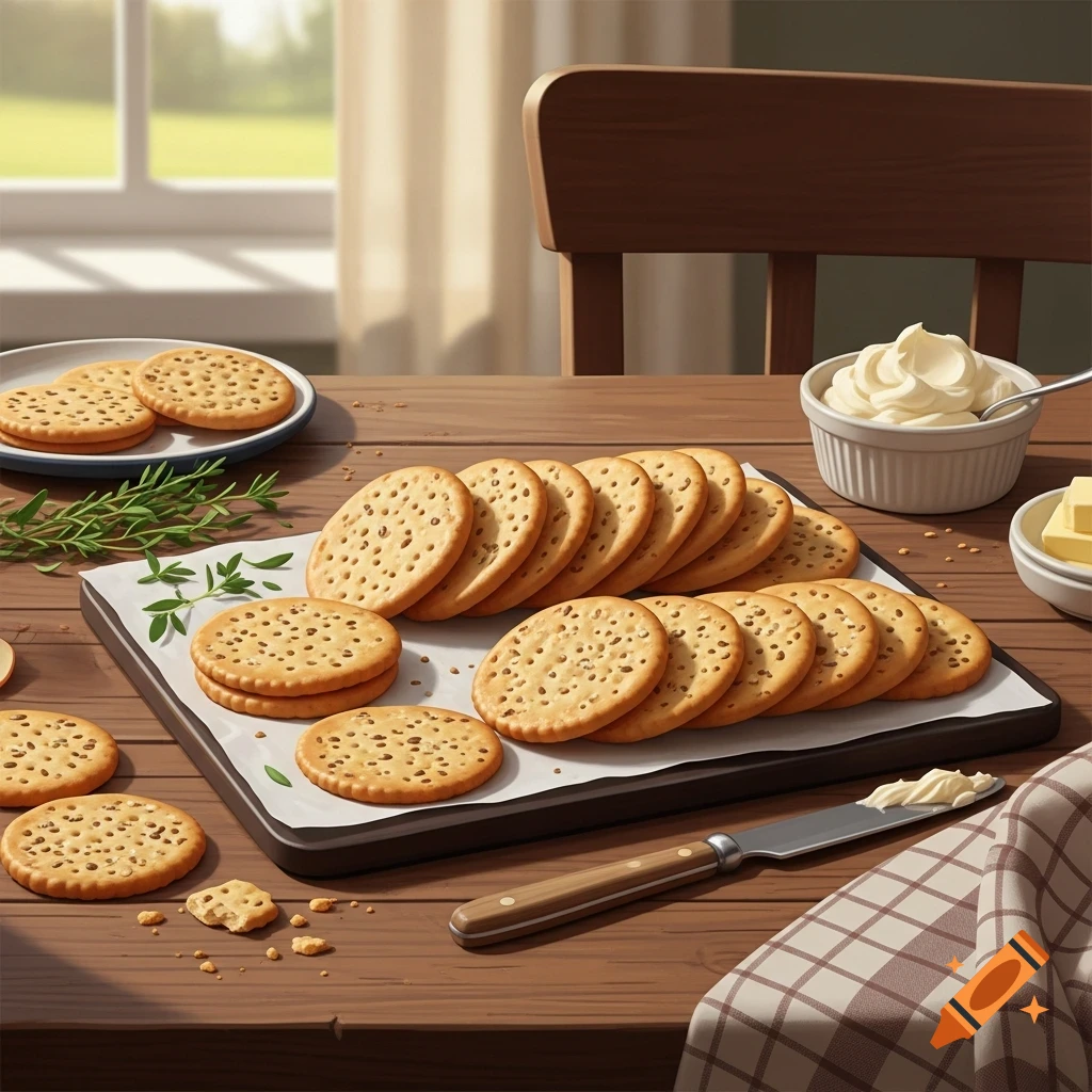 Round, seed-topped crackers are arranged on a white sheet on a wooden table, accompanied by butter, cream, and rosemary sprigs.