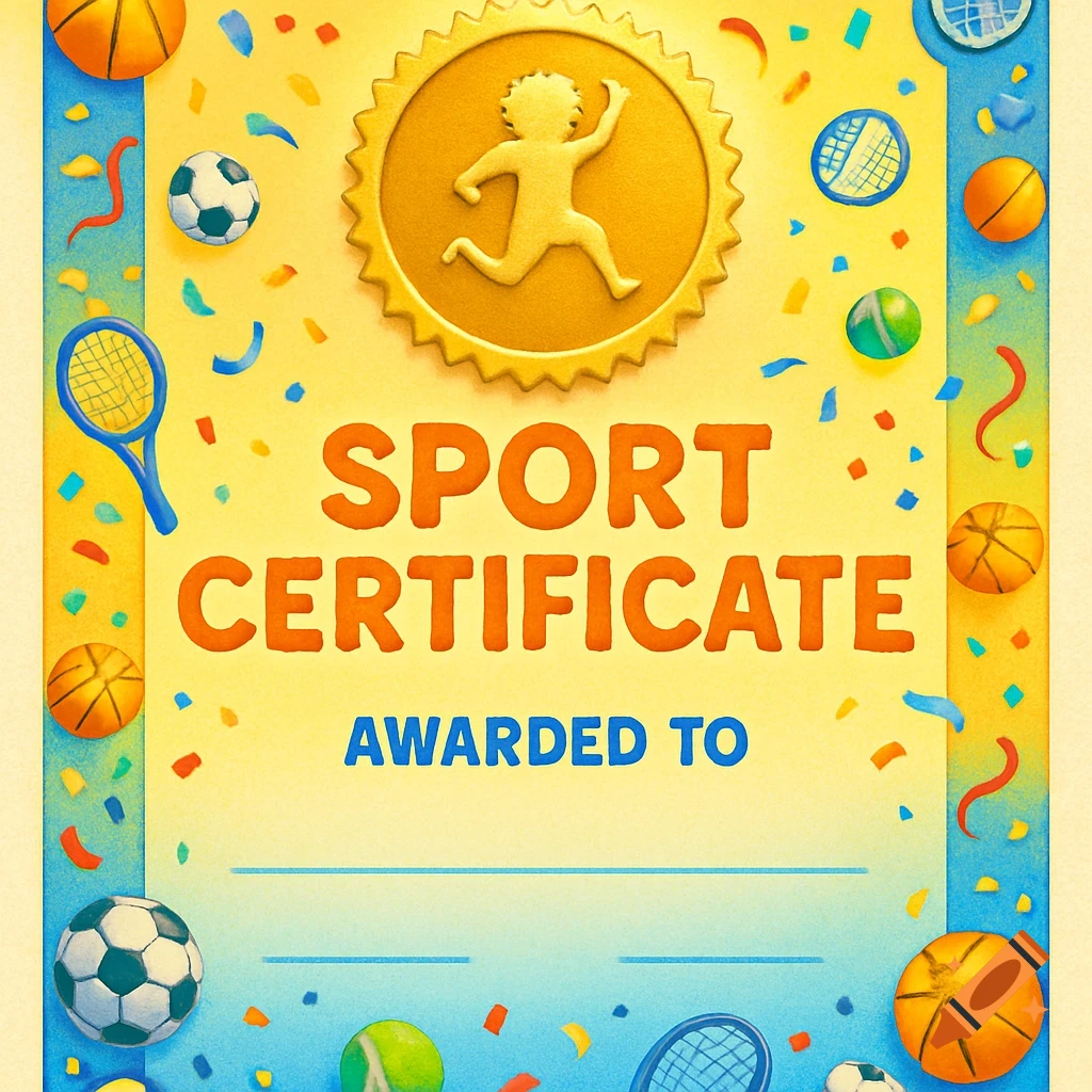 A vibrant, illustrated child's sport certificate with orange 'SPORT CERTIFICATE' text, a gold medal, and colorful sports balls and confetti.