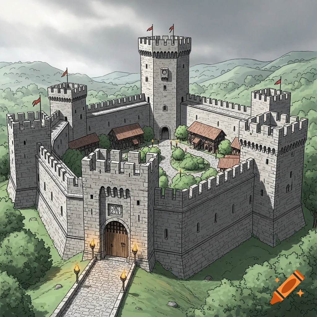 An aerial illustration of a medieval stone castle with multiple towers and walls, courtyards, a main gate, surrounded by green hills.