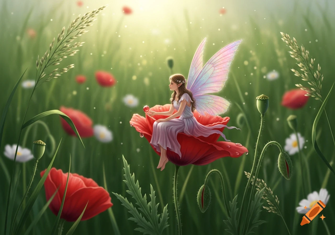 A small fairy with shimmering wings sits on a red poppy in a sunny field of green grass and flowers, digital painting.
