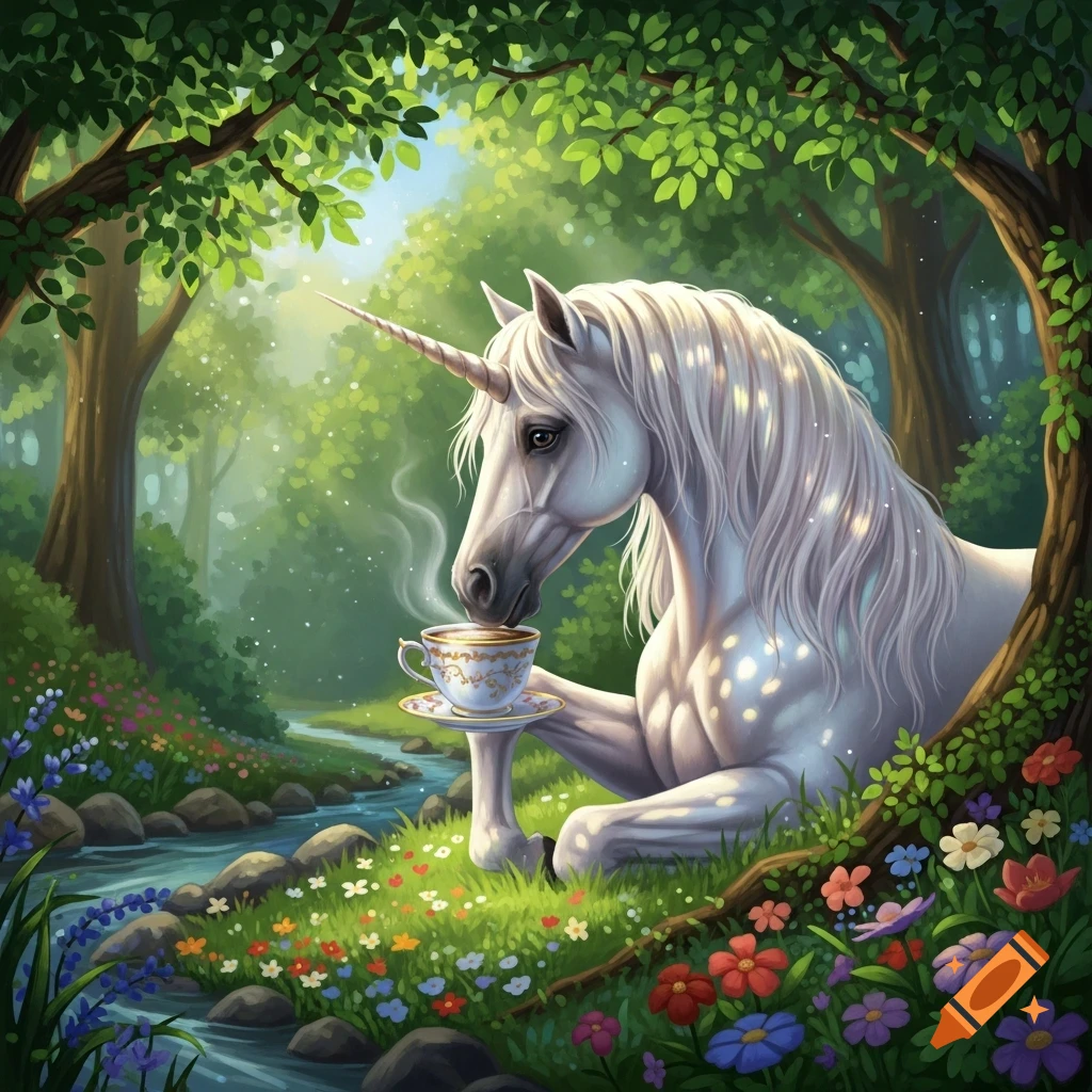 Illustrated white unicorn sips tea in a magical forest with a stream and wildflowers.