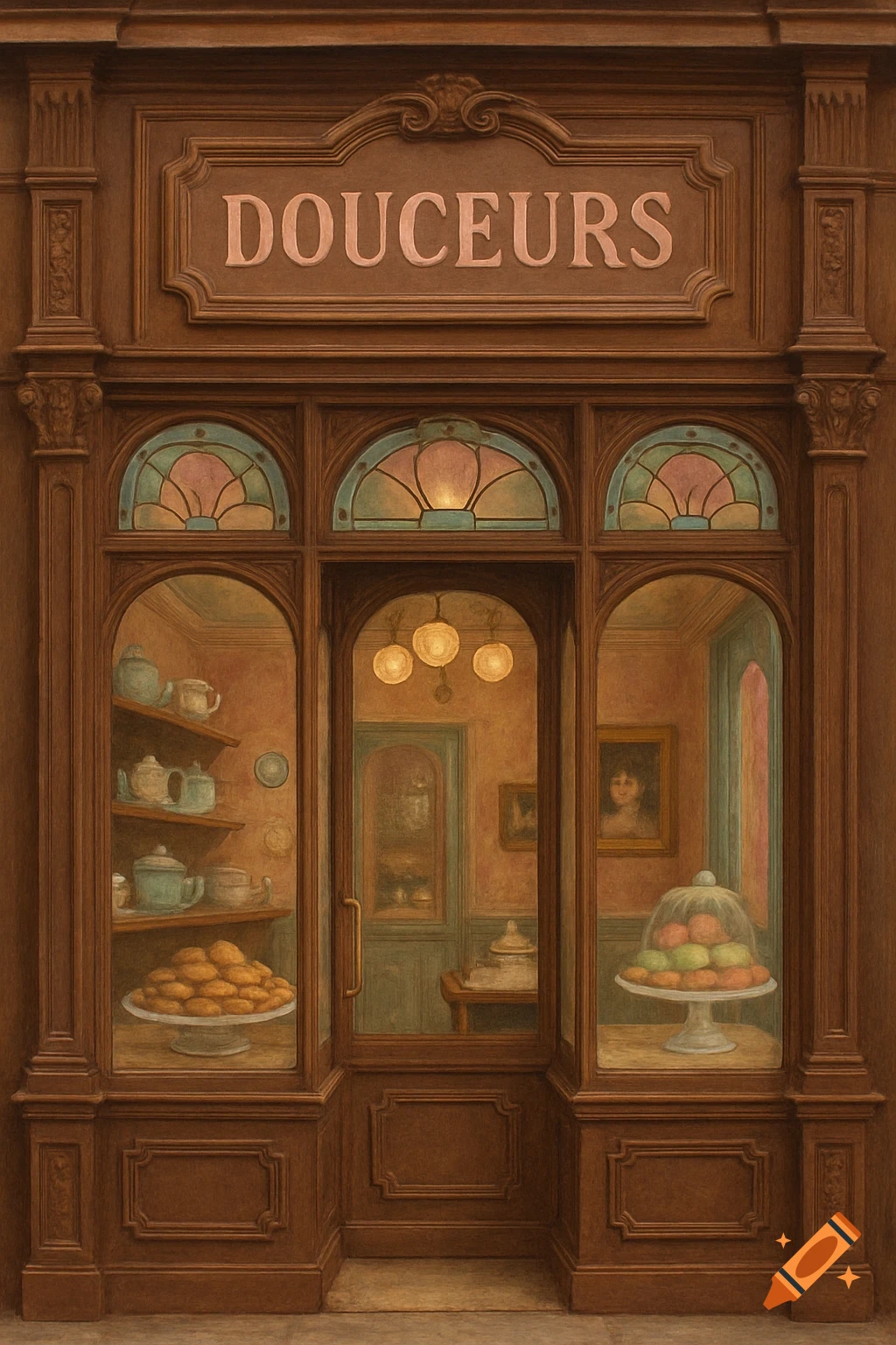 A richly detailed, brown Victorian-style patisserie facade with "DOUCEURS" on the sign, stained glass, and display windows showing pastries.