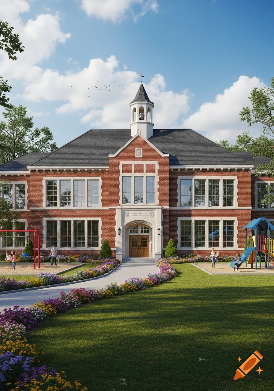 Photorealistic image of a traditional red brick schoolhouse with a bell tower, a playground, and children playing on a sunny day.