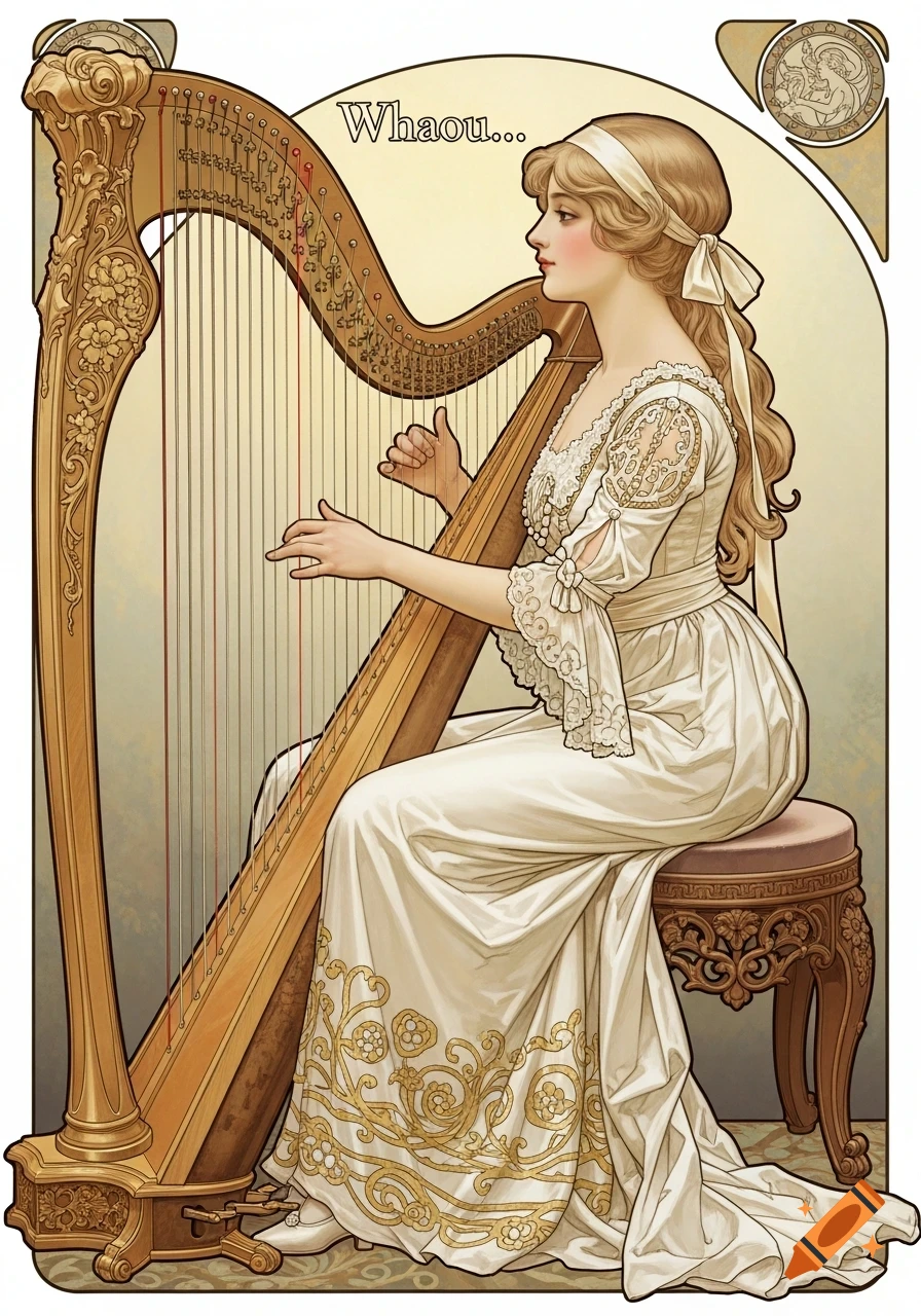 Art Nouveau portrait of a young woman in an elegant white dress playing a golden harp, whispering 'Whaou...'
