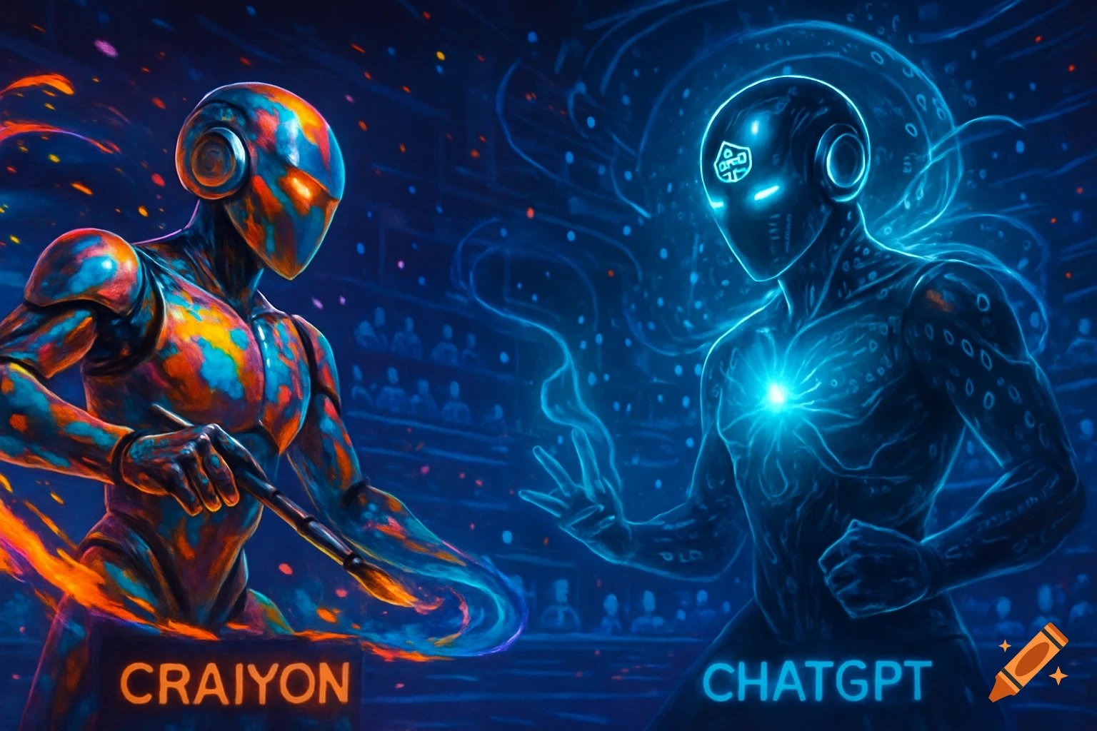 Two stylized AI robots, one colorful and one blue, face off in a futuristic arena, labeled 'CRAIYON' and 'CHATGPT'.