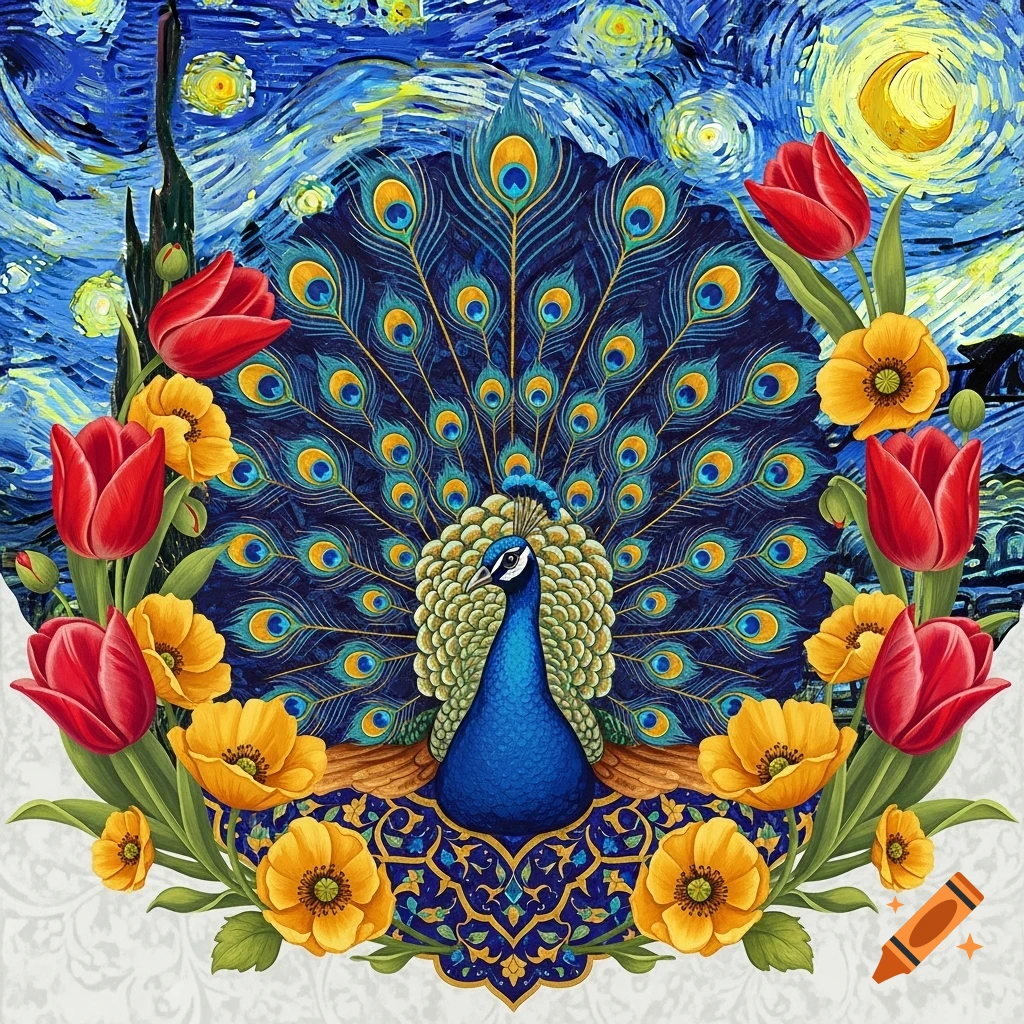 Stylized illustration of a peacock with fanned tail feathers, framed by red tulips and yellow flowers, against a swirling starry night sky.