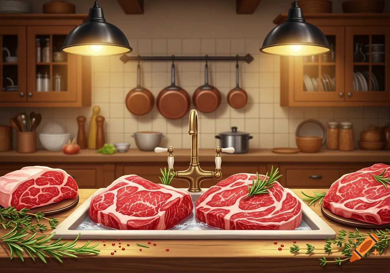 Raw beef steaks in a kitchen sink with herbs and spices on a wooden counter, illuminated by hanging lamps.