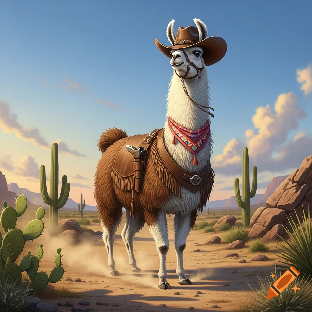 A stylized llama dressed as a cowboy, wearing a hat, bandana, and saddle, stands in a desert landscape with cacti under a blue sky.