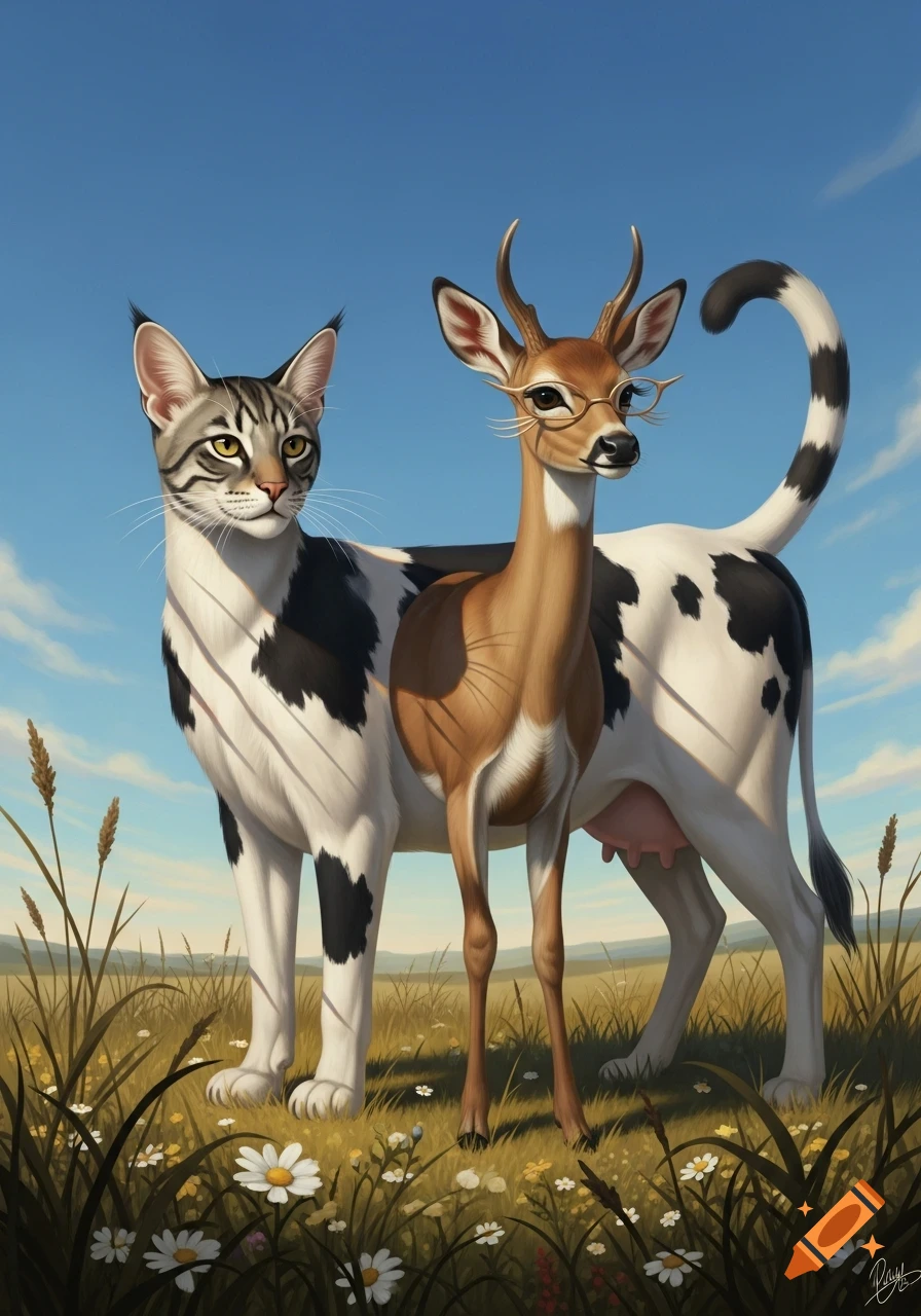 A fantastical hybrid creature with a cat's head, cow's body, and deer's head with glasses stands in a grassy field under a blue sky.