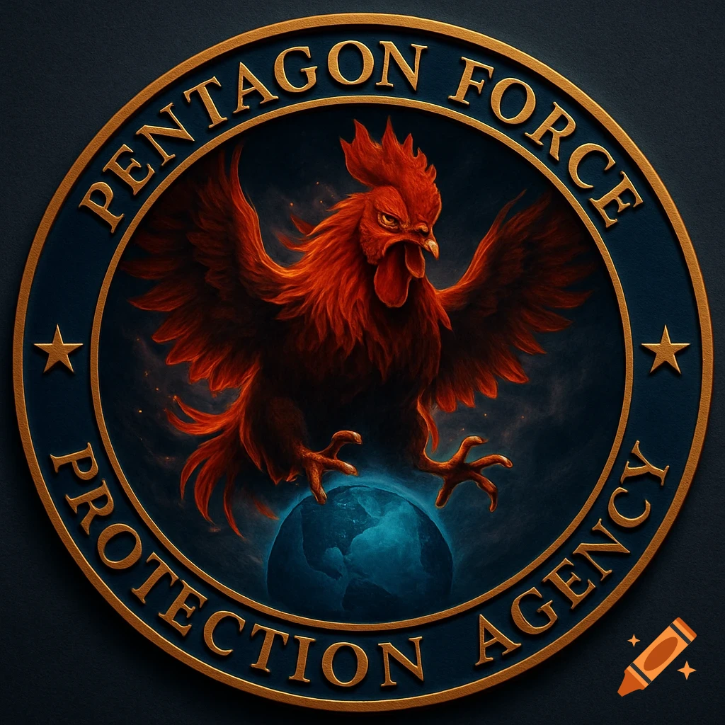A golden circular government seal with a dark blue background features a stylized red rooster with wings spread, standing over a glowing blue globe. The text 'PENTAGON FORCE PROTECTION AGENCY' is embossed in gold around the edge.