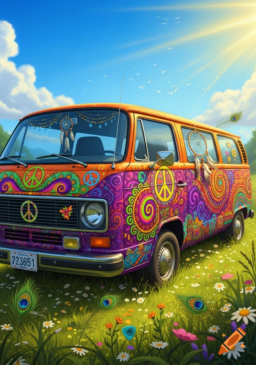 A brightly painted hippie van with peace signs and dreamcatchers in a sunny meadow of wildflowers.