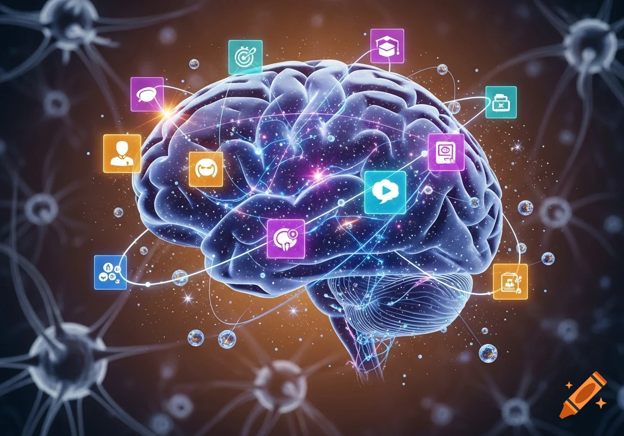 A glowing, translucent human brain with interconnected colorful icons representing various concepts, surrounded by neural network structures.