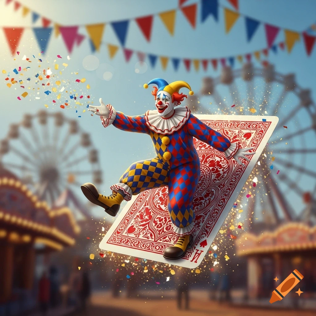 A colorful clown in a harlequin suit leaps from a large playing card, with confetti, at a blurry carnival.