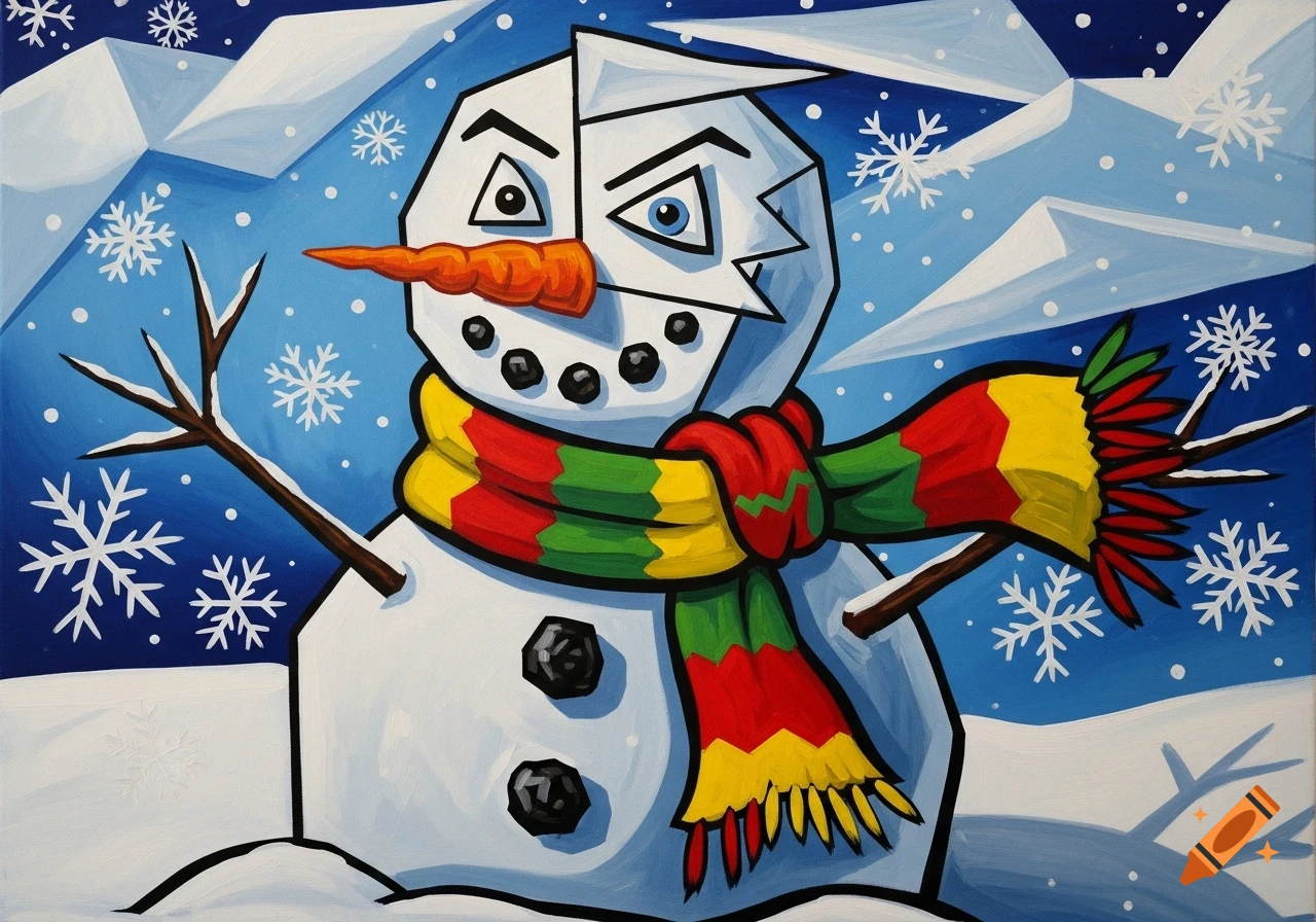 A geometric, Picasso-style painting of a snowman with a colorful red, green, and yellow scarf, set against a blue snowy background.