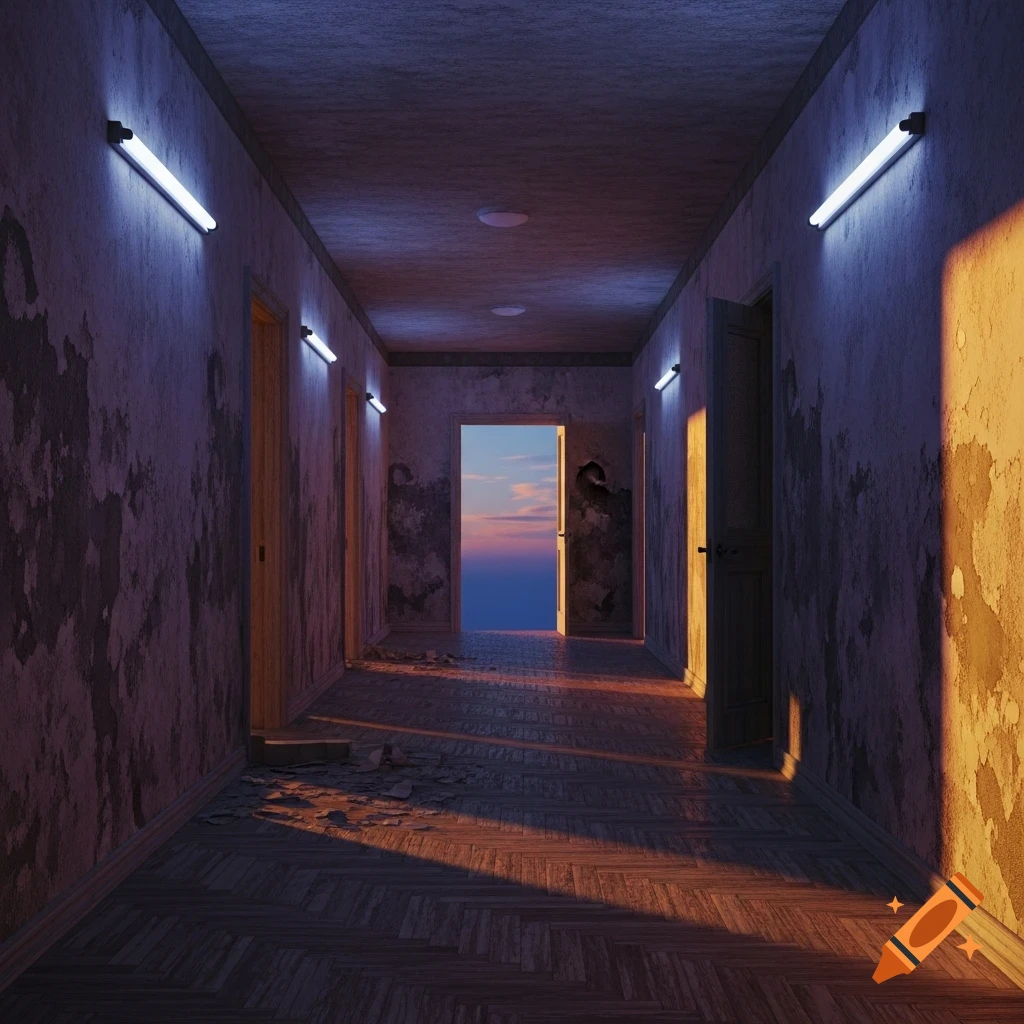 A long, dimly lit, dilapidated hallway with fluorescent lights and multiple doors, ending in an open doorway revealing a vibrant sunset sky.
