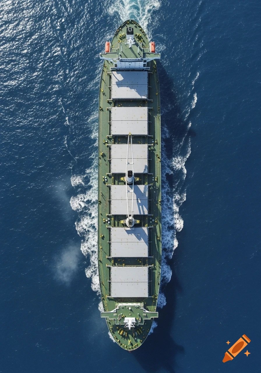 Aerial view of a green and gray bulk carrier ship sailing on blue ocean water, leaving a white wake.