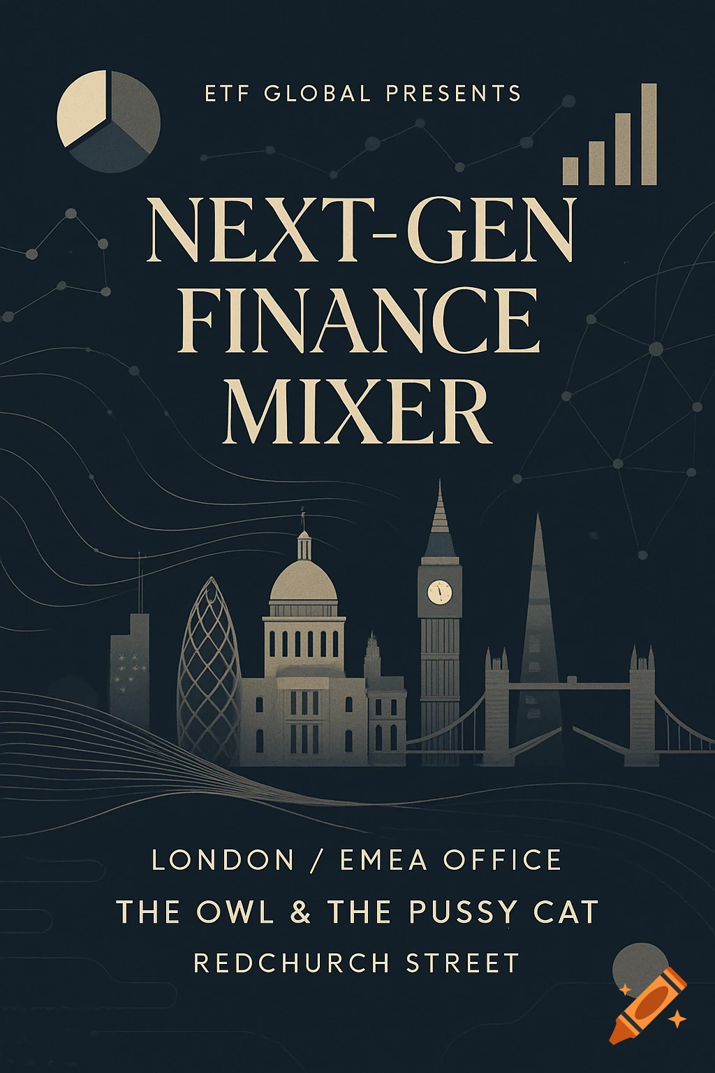 An elegant, modern event poster for a 'Next-Gen Finance Mixer' with a dark blue background and an abstract London skyline.