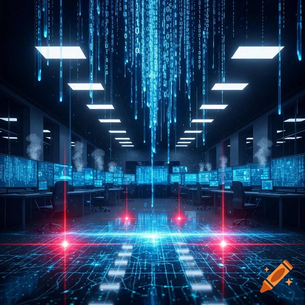 A dark, futuristic data center room with multiple glowing blue computer screens, binary code raining down, and glowing red and blue circuit patterns on the floor.