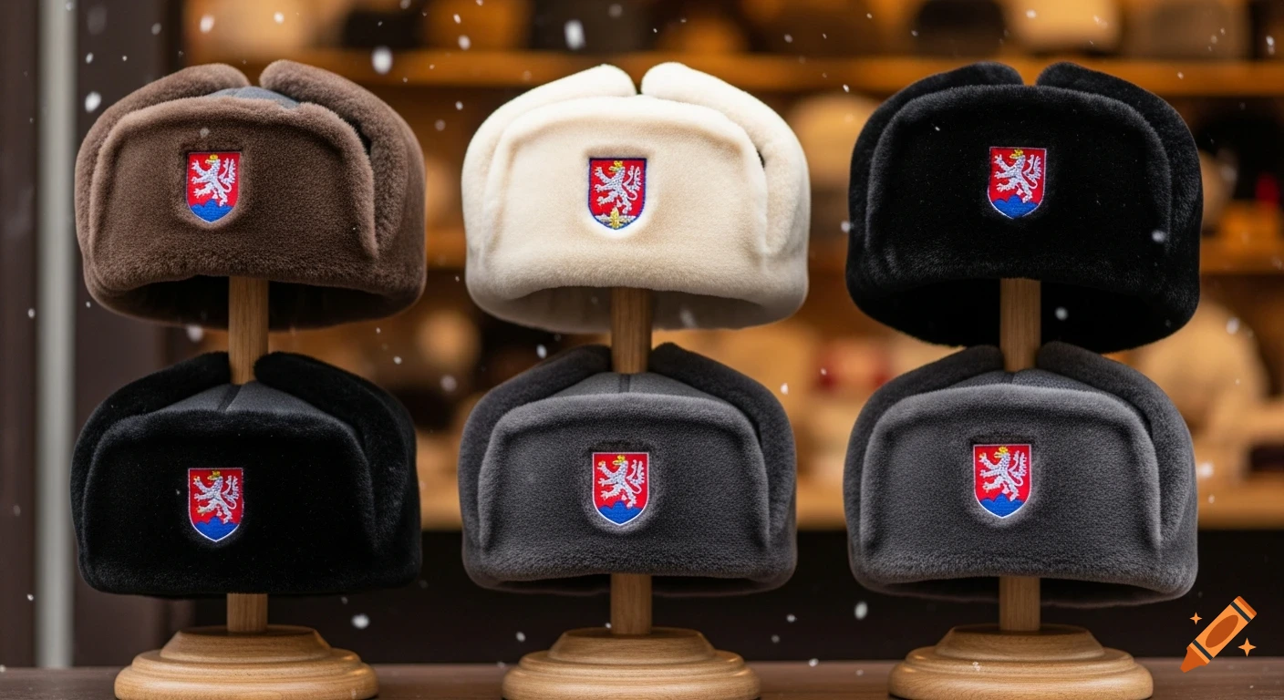 An assortment of brown, white, and black Ushanka-style hats, each featuring a Czech national emblem, displayed on wooden stands against a snowy background.