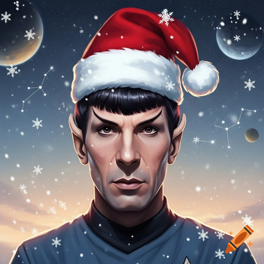 Digital art of Spock from Star Trek wearing a Santa hat, looking forward in a snowy space scene.