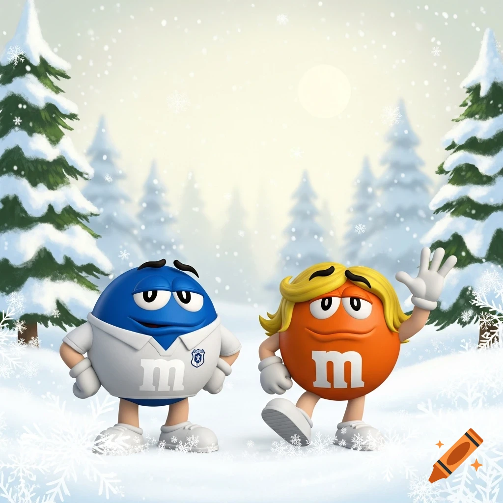 Two M&M's characters, a blue one in a white polo and an orange one with blonde hair waving, in a snowy winter forest.