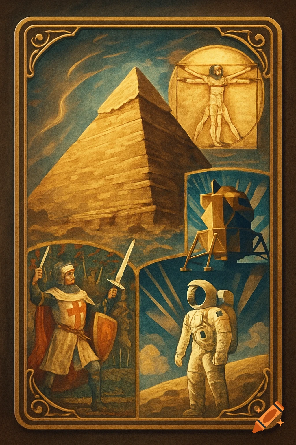 A board game card in a gold frame, depicting a pyramid, Vitruvian Man, a crusader, a lunar lander, and an astronaut in a painted style.