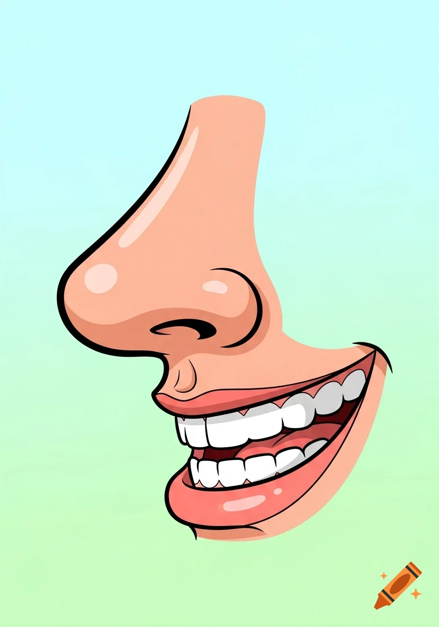 A cartoon illustration of a human nose and smiling mouth in profile against a light green and blue gradient background.