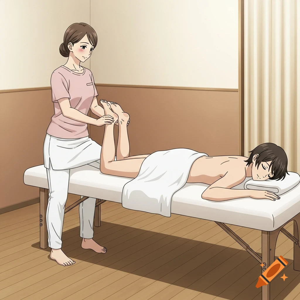 An anime-style image of a masseuse giving a patient a leg massage on a massage table in a warm-colored room.