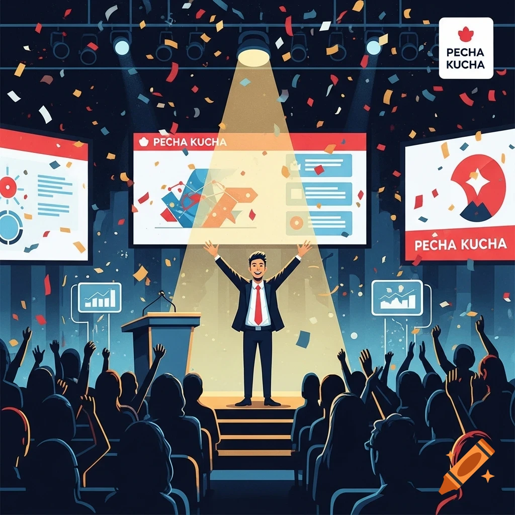 Illustration of a man speaking on a stage to an audience with confetti and presentation screens.