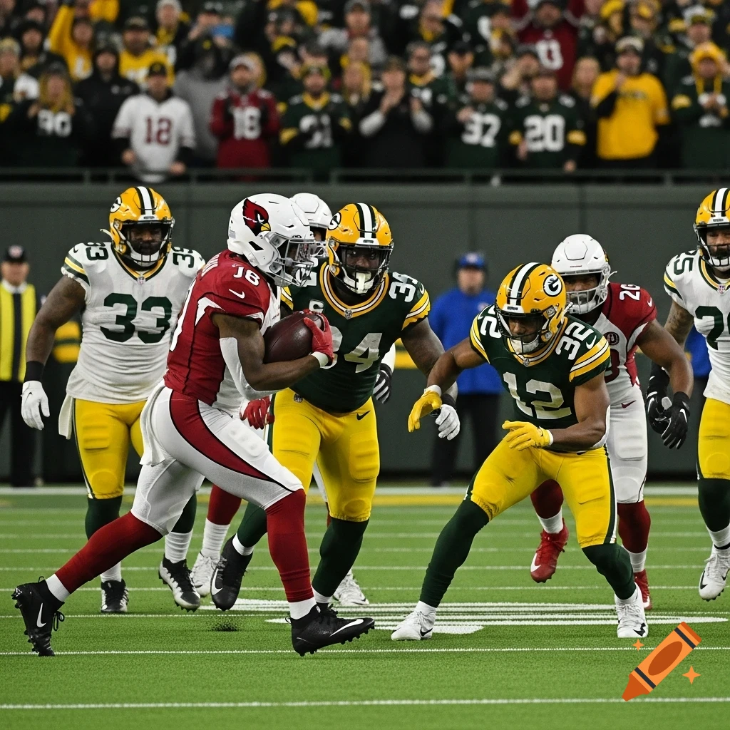 Football players in red and green uniforms during a game on a green field, with spectators blurred in the background, in a photorealistic style.