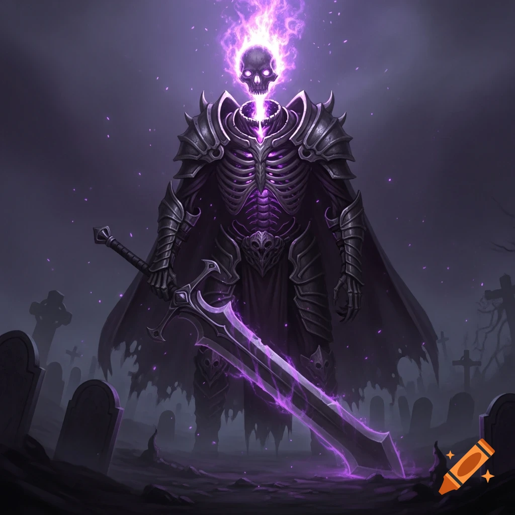 A skeletal knight in dark armor with a flaming purple skull for a head stands in a misty graveyard, holding a large glowing purple sword.