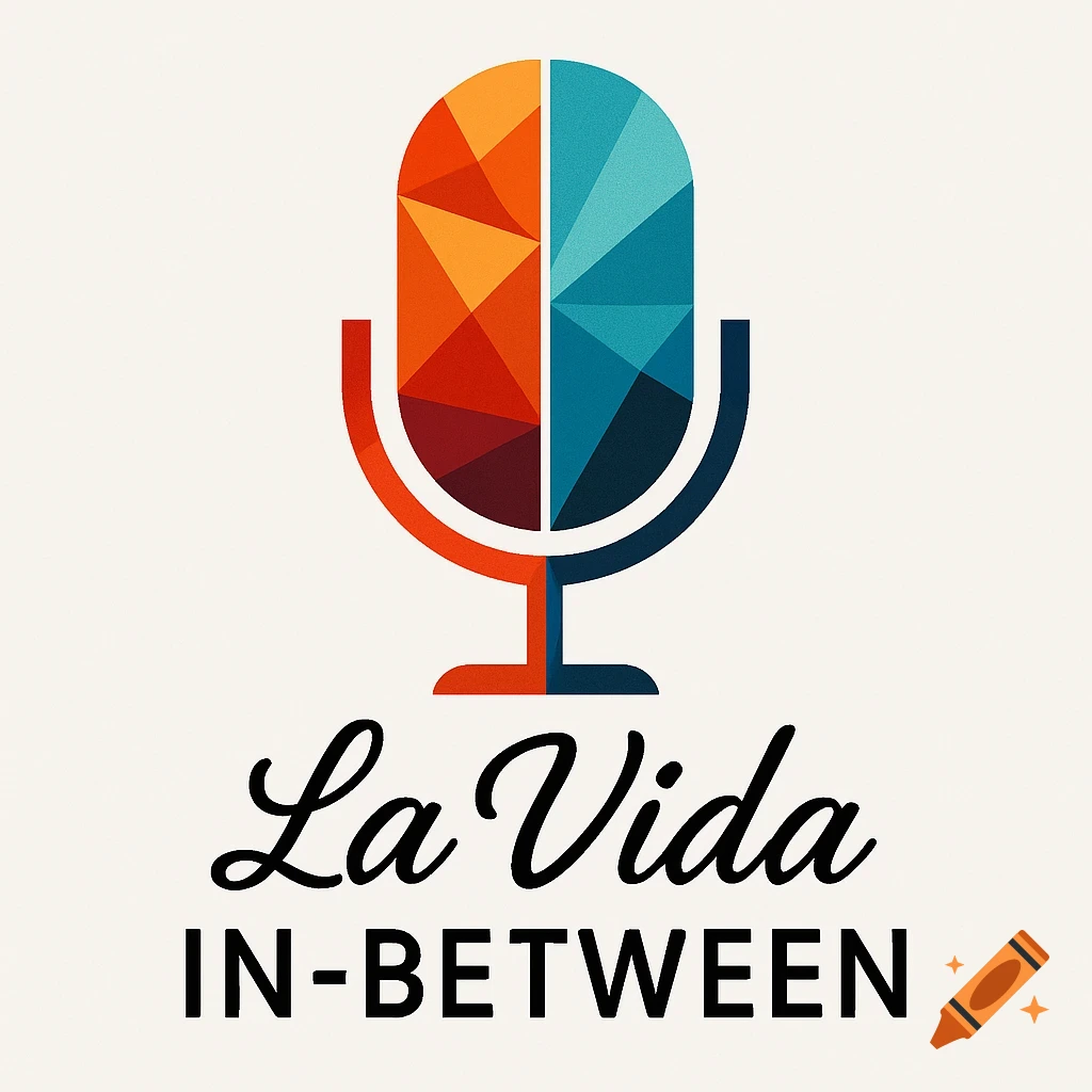 A modern geometric logo for 'La Vida In-Between' features a stylized microphone split into warm colors on the left and cool tones on the right.