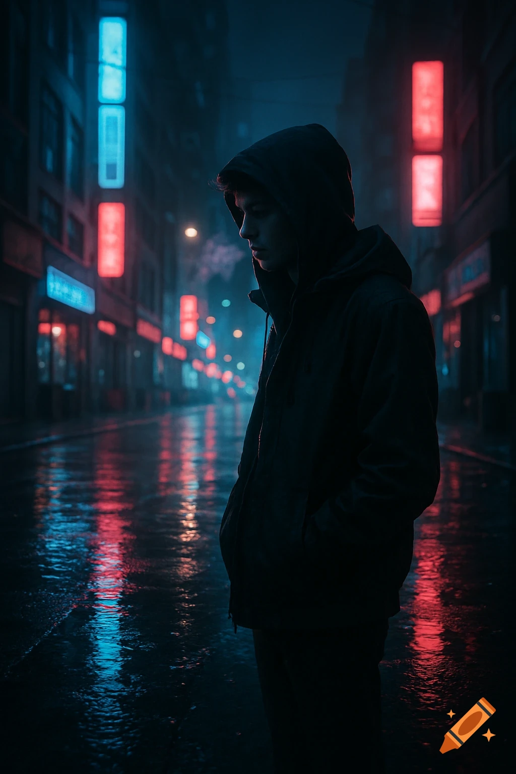 Young man in a black hoodie stands on a wet, dark street at night, illuminated by blue and red neon lights reflecting on the asphalt in a cinematic style.