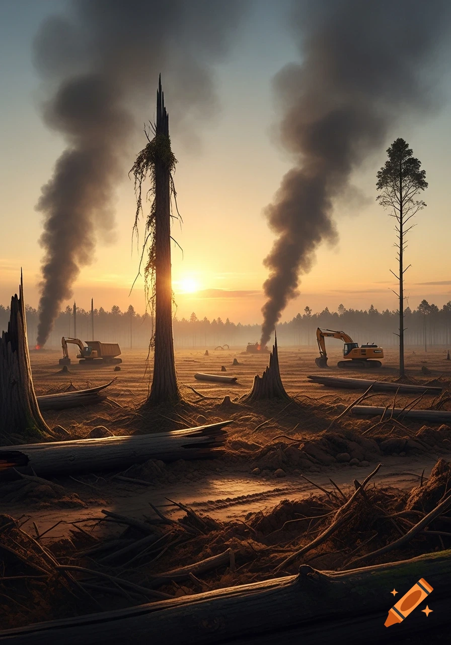 Photorealistic image of a deforested landscape at sunset, with smoke plumes rising from fires and excavators clearing land.