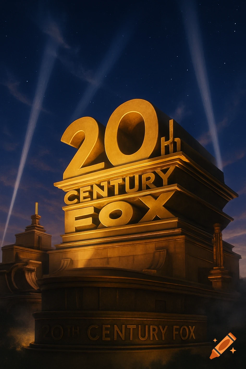 The golden 20th Century Fox logo monument under a starry night sky with searchlights.