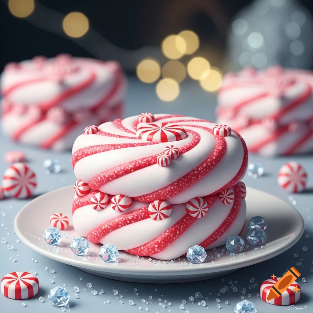 Close-up of a festive, spiraled candy cane marshmallow on a white plate, surrounded by small candies and ice shards, photorealistic.