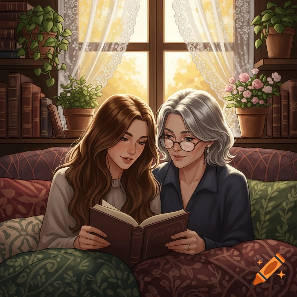 An illustration of two women reading a book together, surrounded by bookshelves and plants, in a cozy indoor setting.