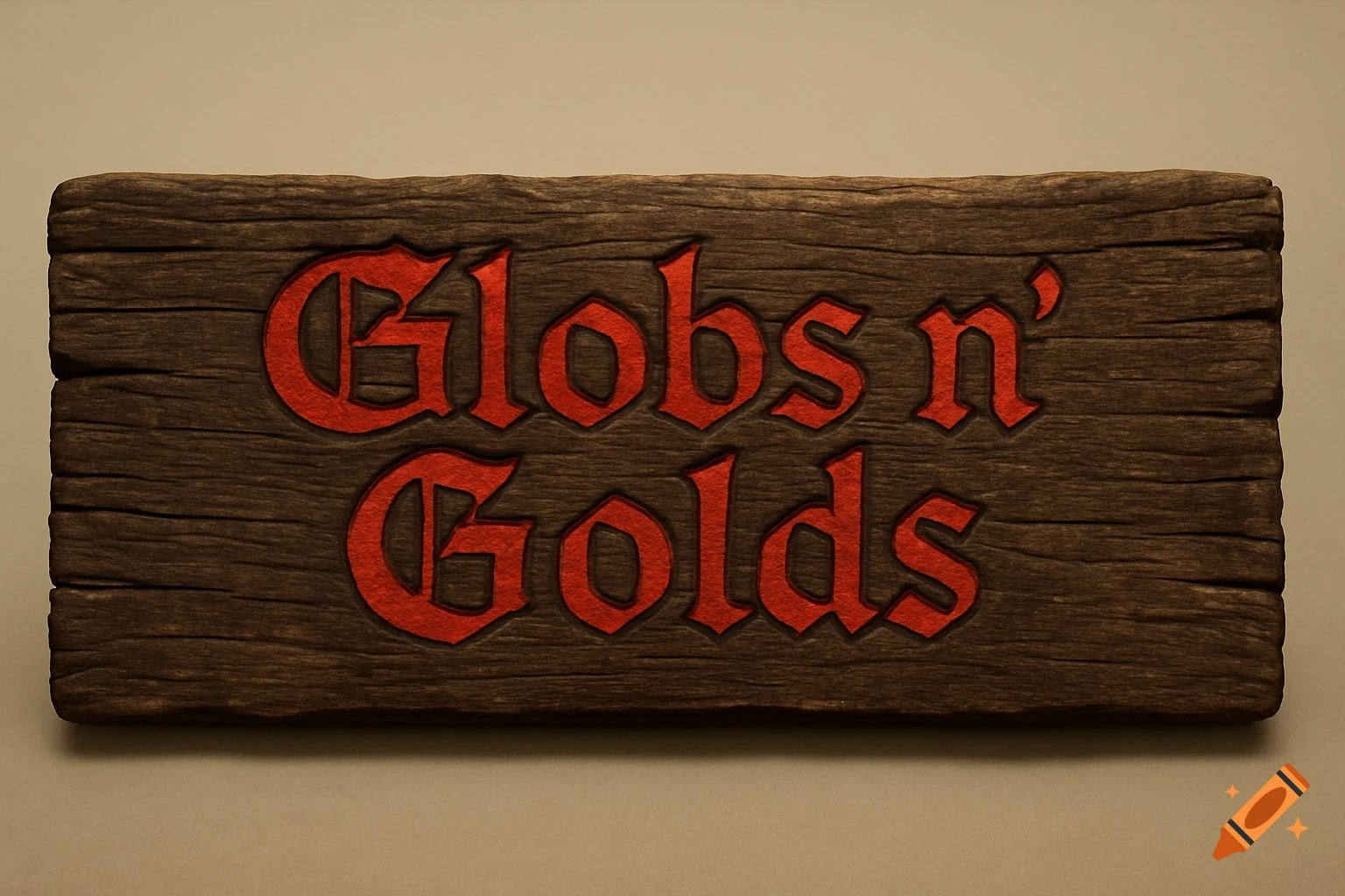 A wide, short medieval wooden sign with dark grain timber. Red carved lettering reads "Globs n Golds" in a medieval-style script.