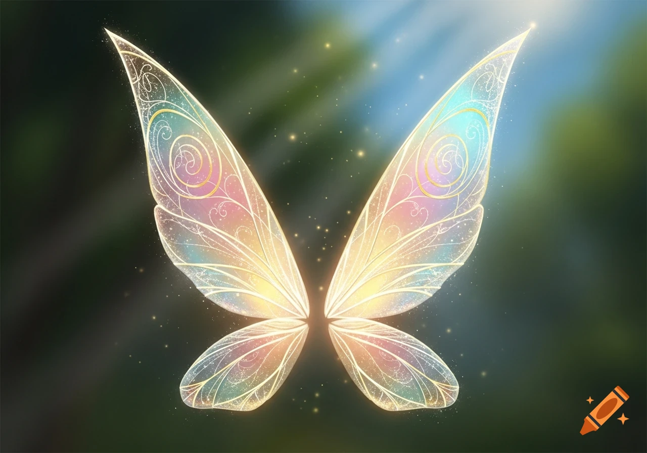 Vibrant, iridescent fairy wings with intricate golden patterns glow against a blurred mystical green and blue background with sparkling light.