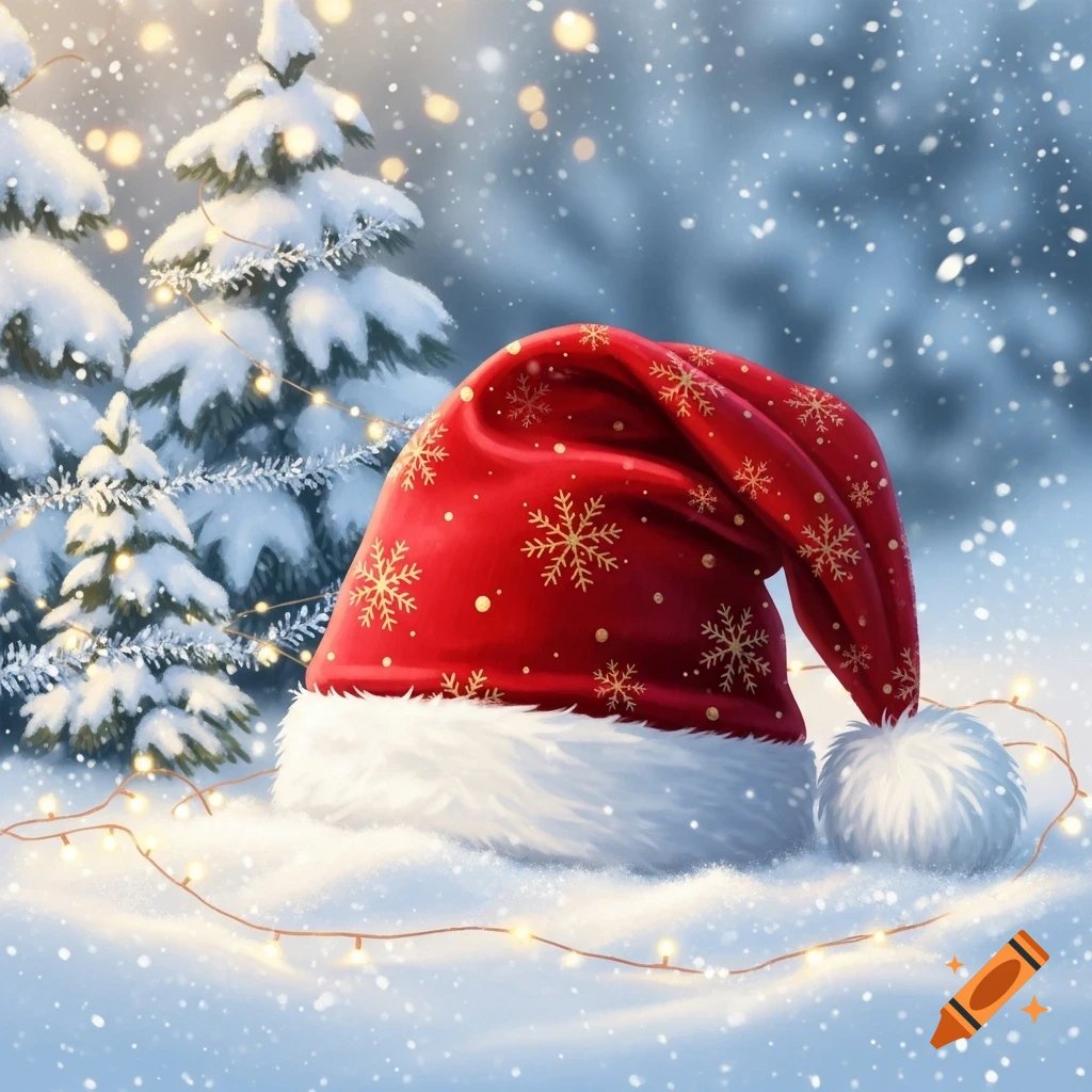 A red Santa hat with gold snowflakes lies in fresh snow, surrounded by snowy fir trees and glowing string lights.