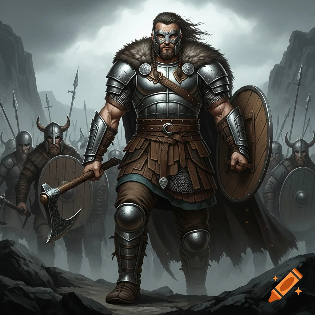 A powerful Viking warrior in metal armor and fur, holding an axe and shield, leading an army through a foggy, rocky landscape.