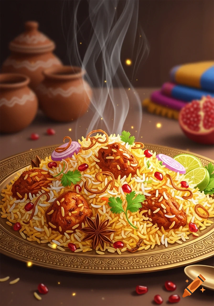 Close-up of steaming Indian Biryani with chicken, garnished with pomegranate, onion, cilantro, and star anise on a golden plate, with blurred terracotta pots in the background.