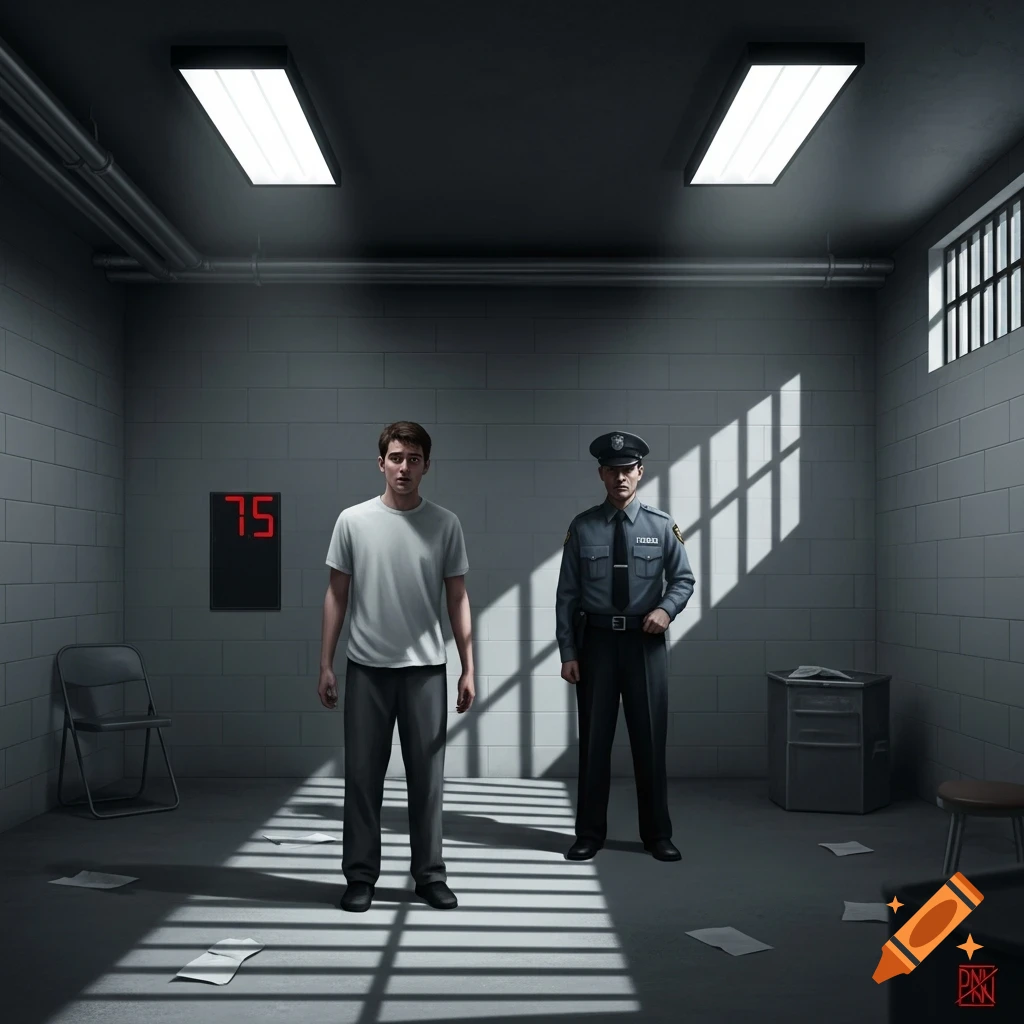 Two men, one a police officer and one in a t-shirt, stand in a gray room with a digital '75' on the wall and a barred window, realistic.