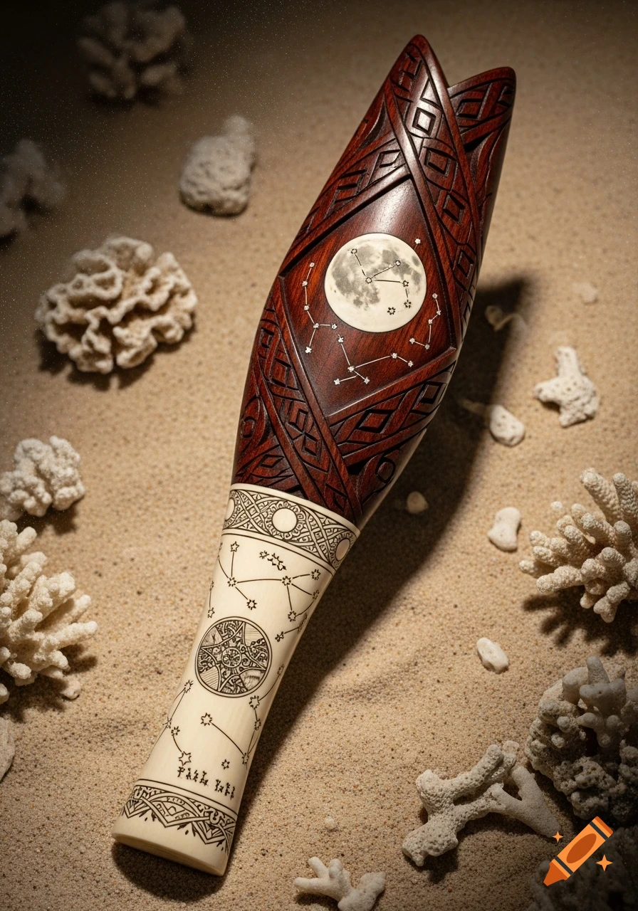 A wooden Polynesian club with intricate carvings and an ivory handle featuring scrimshaw of the moon and constellations, resting on sand with coral.